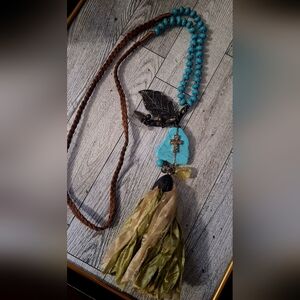 Plunder Turquoise Chip/Bead Necklace with Tassel Aged Bronze